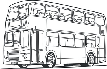 Black and white line art illustration of a double decker bus for public transportation and travel.