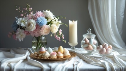 Easter-themed table with flowers, cakes, eggs, and a candle. Cheerful celebration setup