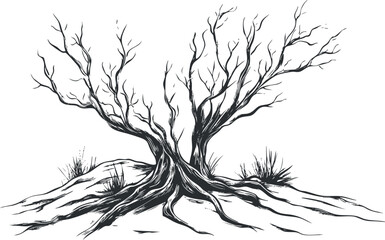 Black and white illustration of a bare tree with twisted roots and branches in a dry landscape