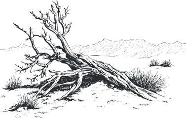 Black and white illustration of a dead tree lying in a dry desert landscape with shrubs and distant mountains.