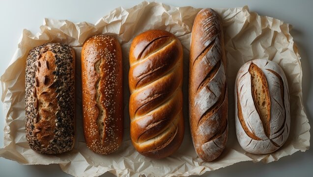 Close-up of freshly baked bread including ciabatta, baguette, and multiseed gluten-free options.