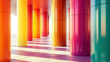 Vibrant interior showcasing colorful columns in a modern space with sunlight streaming through