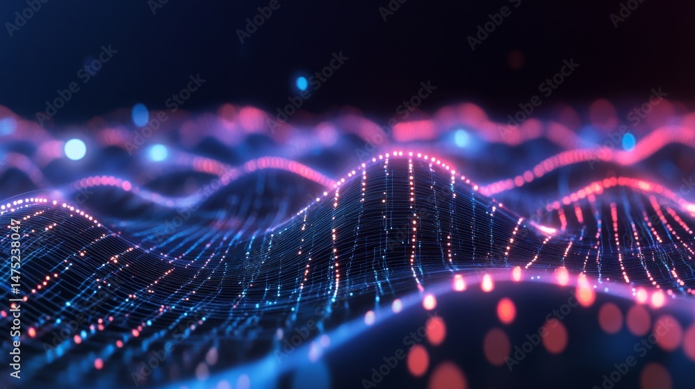 Poster dynamic data visualization waves digital realm graphic art abstract environment high-tech viewpoint 
