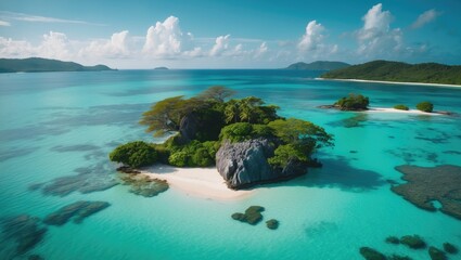 Fototapeta premium Scenic aerial perspective of tropical island and colorful coral reef