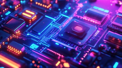 Fototapeta premium Futuristic circuit board design digital realm technology art neon colors close-up view visual innovation