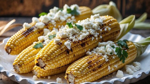 Cotija cheese and chili mayonnaise served on Mexican street corn