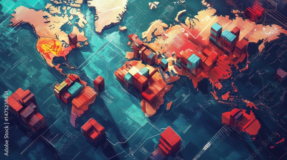 Poster global trade dynamics freight containers on a world map digital art abstract style high-tech environ