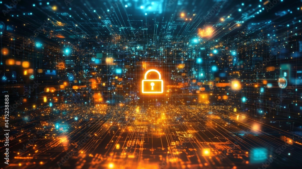 Poster cybersecurity measures protecting digital data virtual space digital art futuristic environment abst