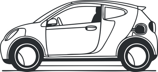 Black and white line drawing of a compact electric car viewed from the side, showing charging port.
