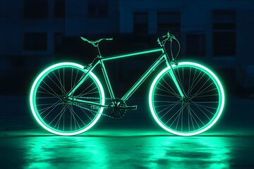 A glowing green bicycle with illuminated wheels standing in a dark indoor environment