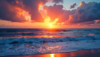 Fototapeta premium Stunning sunrise over tranquil ocean, vibrant colors paint the sky , water, astronomy