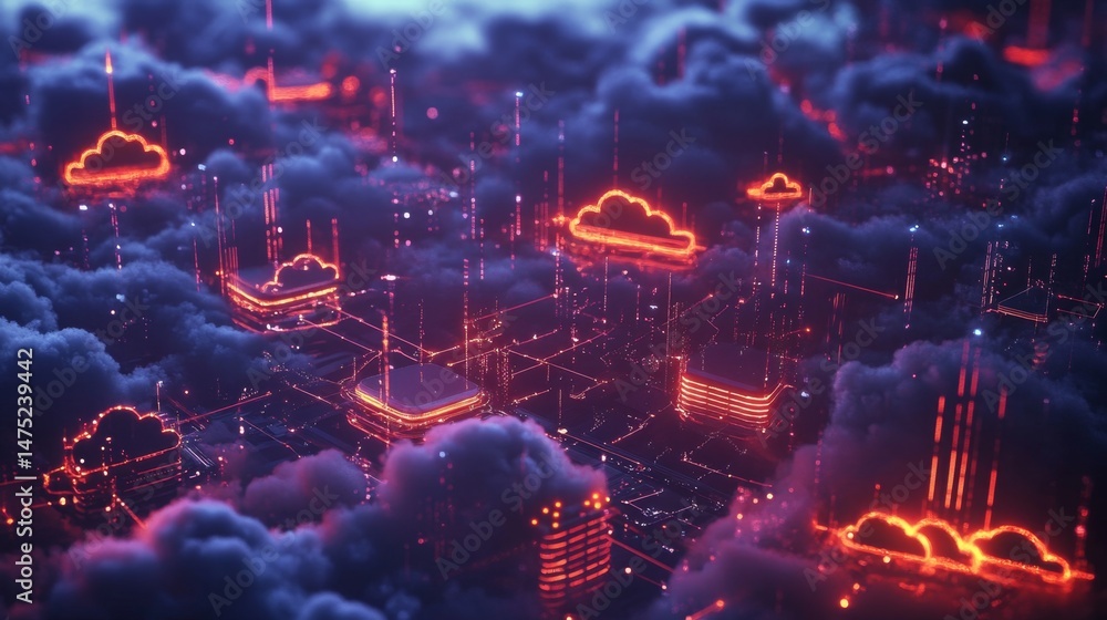 Poster digital cloud network visualizations virtual environment motion graphics futuristic aerial view tech