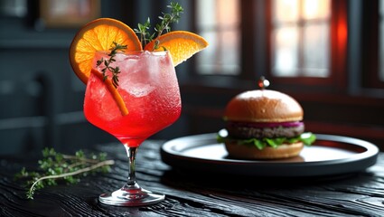 Eats and drinks. Frosty red citrus beverage with a burger on a black timber table