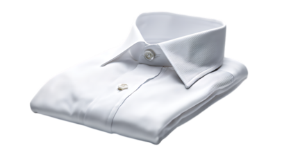 A neatly folded white dress shirt with visible collar and buttons on a dark background studio shot