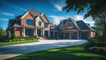 High-end custom home with an attractive front yard and lawn in a residential locality.