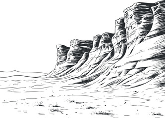 Black and white illustration of steep desert cliffs and rocky formations with barren landscape