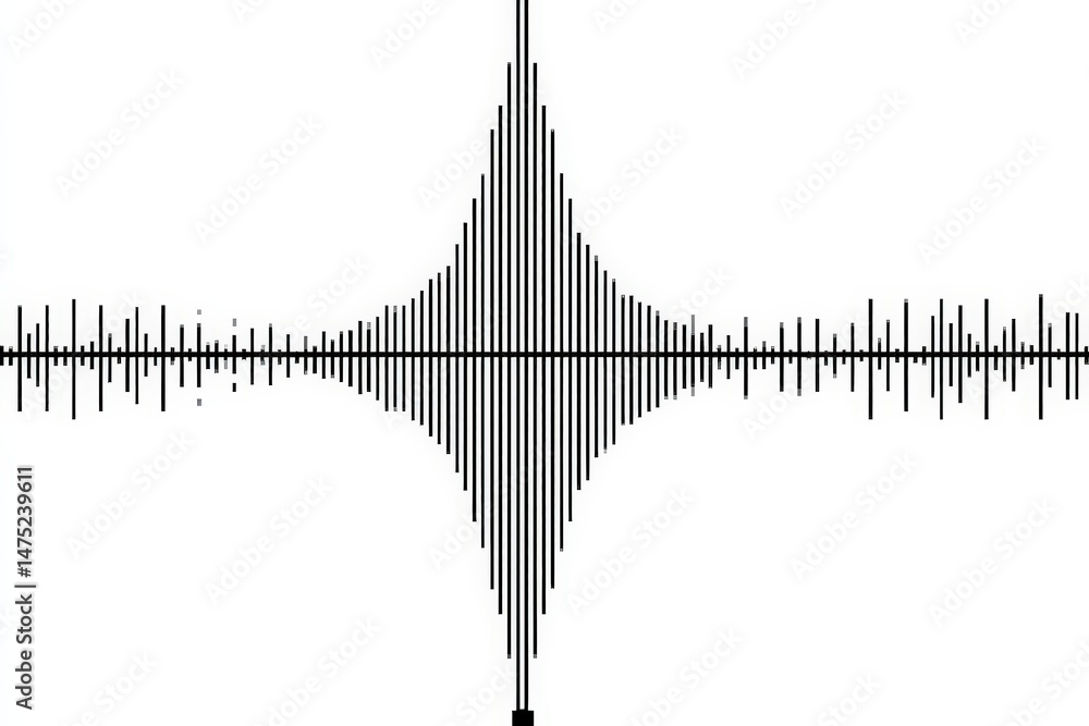 Poster symmetrical black waveform pattern on a white background, representing audio or sound frequency visu