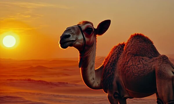 A lone camel silhouetted against a vibrant sunset over a vast, sandy desert landscape.