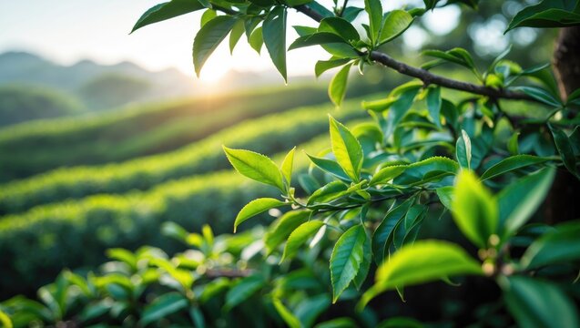 Morning close-up of fresh tea leaves on trees in the plantation