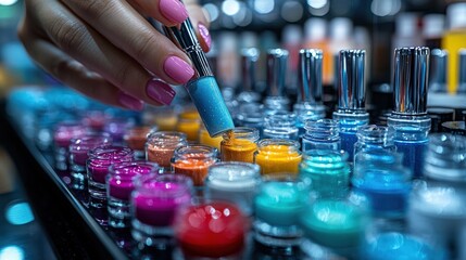 Woman's hand selects nail polish colors from a display of small containers filled with various shades.  Close-up view of colorful nail polish samples