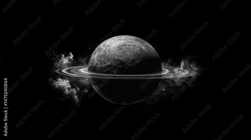 Poster dramatic black and white rendering of a ringed planet in deep space with nebula clouds and stars