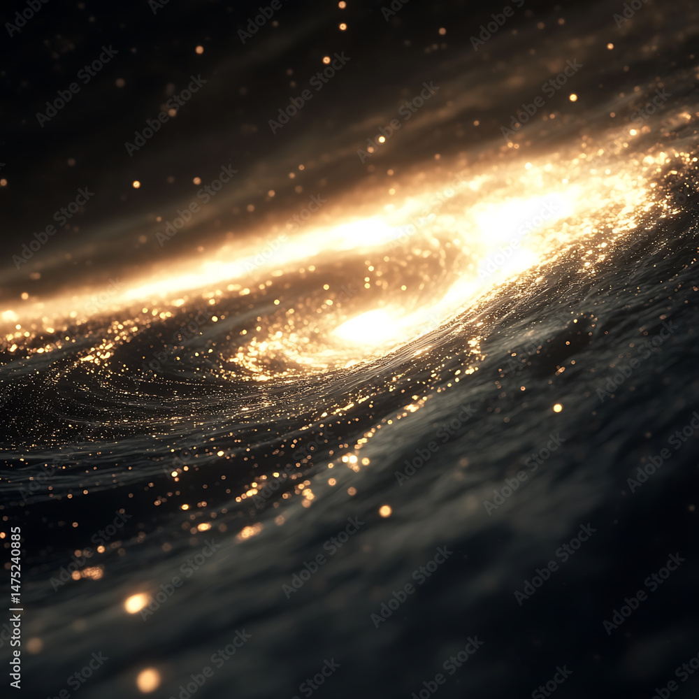 Aufkleber mesmerizing cosmic scene featuring swirling golden particles in dark space environment, evoking sens