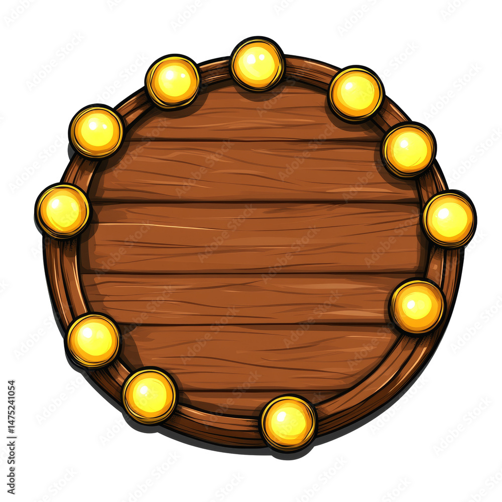 Poster illuminated circular wooden frame with glowing orbs casting a whimsical glow creating a unique panel