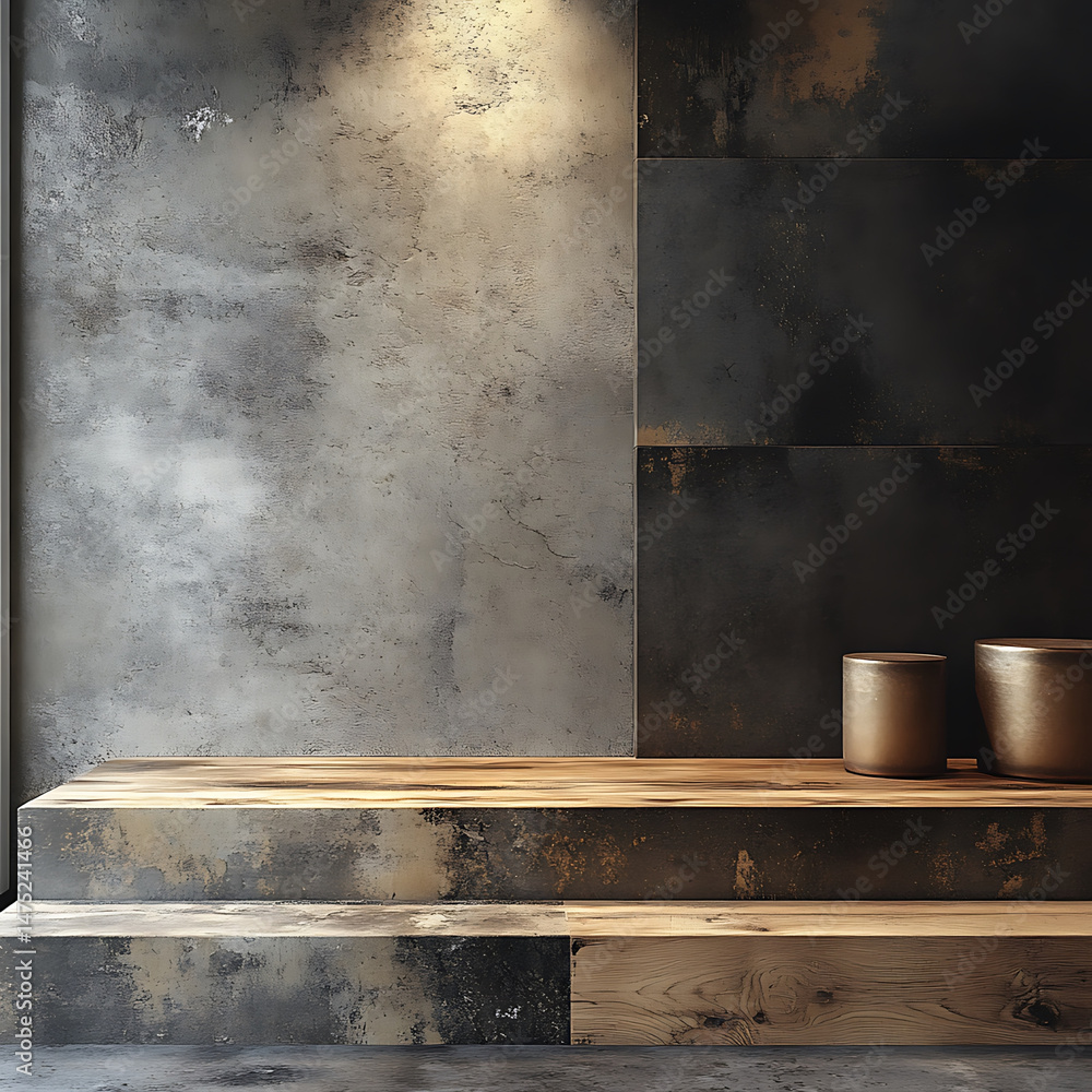 Poster stylish shop corner featuring modern design with concrete walls and wooden accents, creating warm an