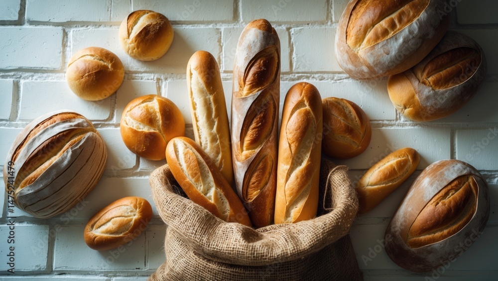 Poster top-down view of bakery selection with golden crust breads and buns arranged on a table