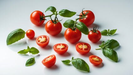 Fototapeta premium Cherry tomatoes alongside basil leaves on a white surface