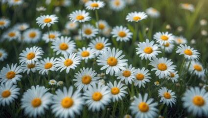 Daisies and chamomiles in a meadow setting with a lush green grass background.
