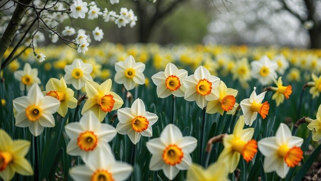 A scenic view of a spring field with diverse daffodils, narcissus, and blossoms amidst canals and windmills