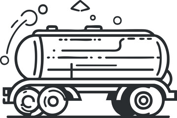 Black and white line drawing of a tanker truck transporting liquid cargo on wheels for industrial use