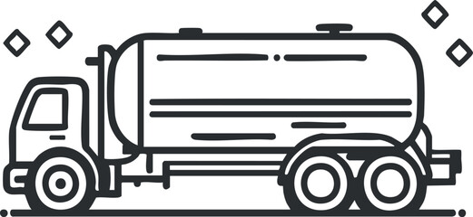 Black and white line drawing of a tanker truck used for transporting liquids such as fuel or oil on roads.