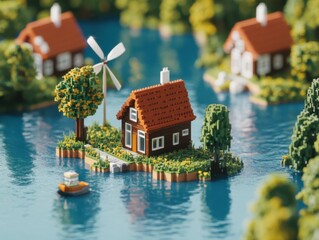 Naklejka premium Voxel art houses on islands in a lake with boat and windmill, stylized landscape, tranquil scene, eye-level view