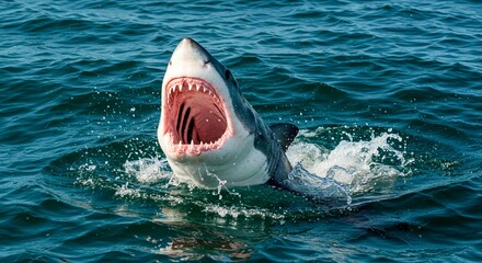 Fototapeta premium A great white shark emerges from the water with its mouth wide open showing teeth