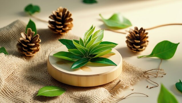 Visual of round wooden coasters with leaf decorations placed on a suitable mock-up background