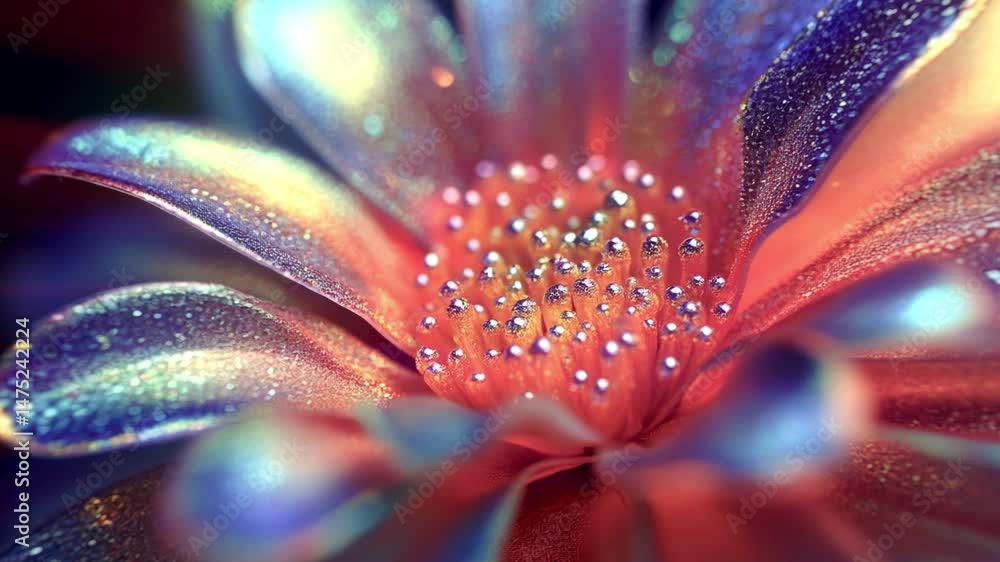 Poster animation of a flower sparkling and shimmering with many colors. golden and silver sparks create a s