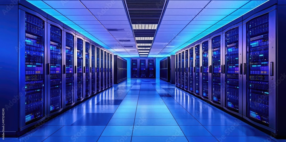 Poster Symmetrical rows of illuminated server cabinets in a brightly lit, high-performance data center. Perfect for illustrating cloud storage, IT infrastructure, or network services
