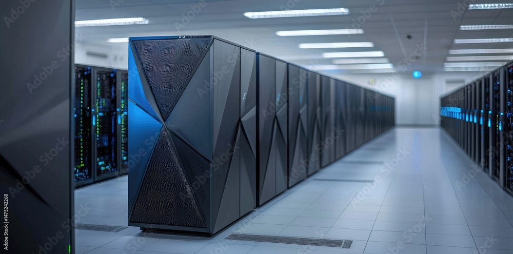 Poster futuristic data center with sleek black server racks and a geometric panel design, all under bright 