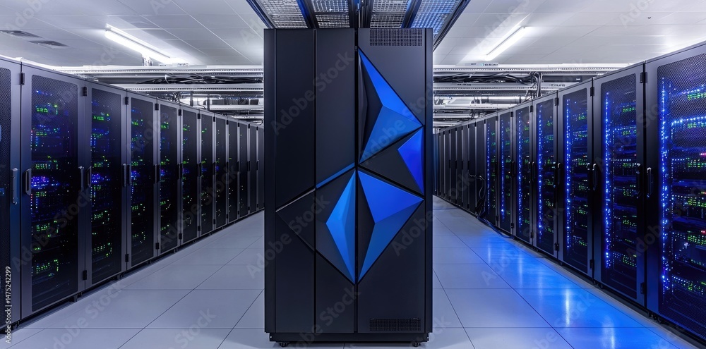 Aufkleber Modern data center interior with symmetrical rows of server racks and a central unit featuring geometric blue LED accents. Ideal for tech infrastructure, AI, and network systems use