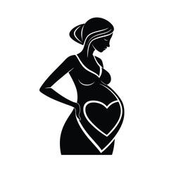 Silhouette of a pregnant woman with a heart shape in her belly symbolizing love and maternity on white background