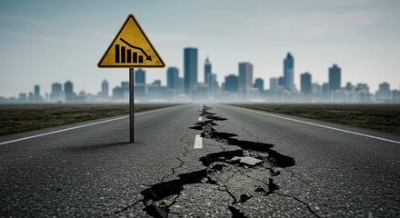 Cracked road leading to city with warning sign showing downward trend graph