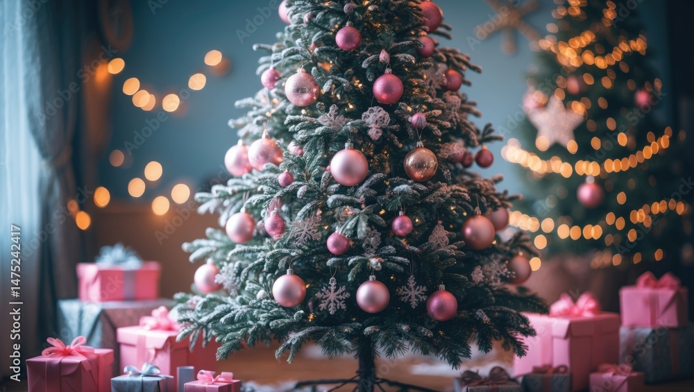 Poster retro style background showcasing a decorated tree with different embellishments, blurred setting