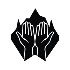 A symbolic illustration of hands cupped in prayer or offering within a stylized mountain shape depicting spirituality