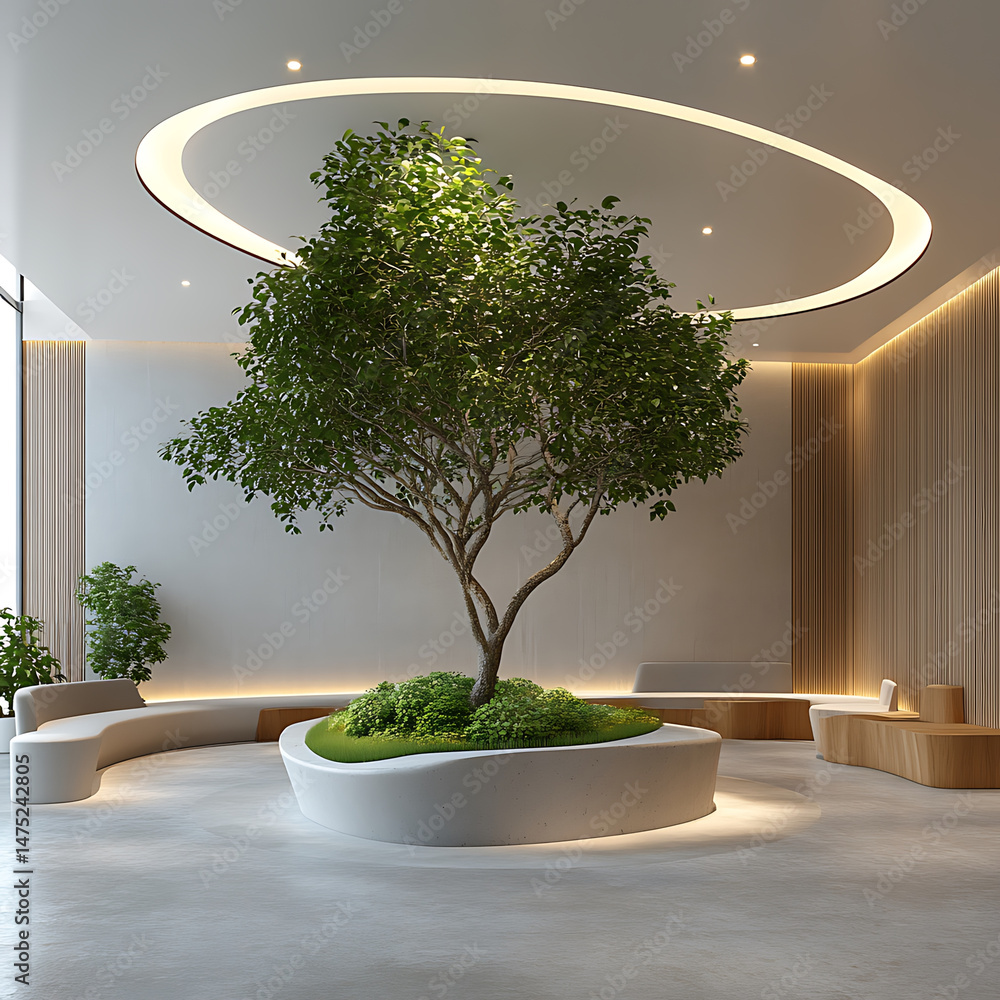 Poster modern office waiting area featuring large indoor tree as focal point, surrounded by sleek seating a