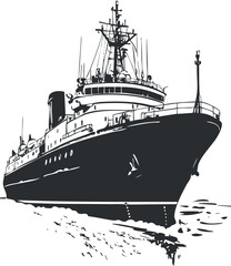 Fototapeta premium Black and white silhouette of a large ship on water showing vessel's front, deck, and mast details