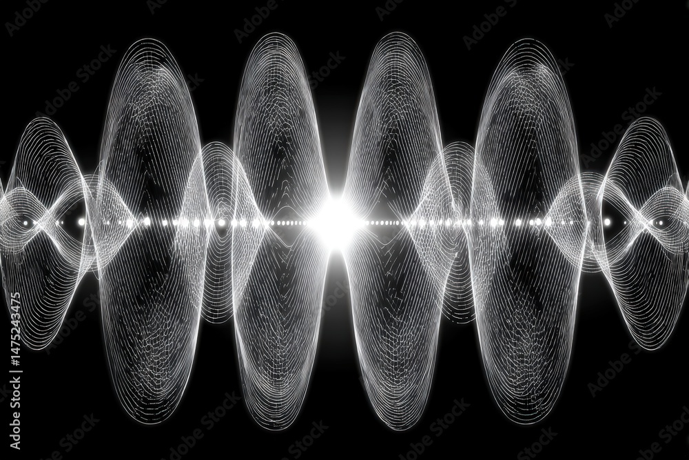 Poster abstract visualization of a symmetrical sound wave with bright light at the center on a black backgr