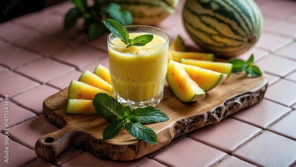 Poster refreshing juice and smoothie with mint on a vibrant tiled table scene