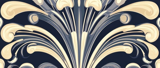 Elegant Floral Ornament in Beige and Gray on Dark Blue Background Close Up Artistic Illustration